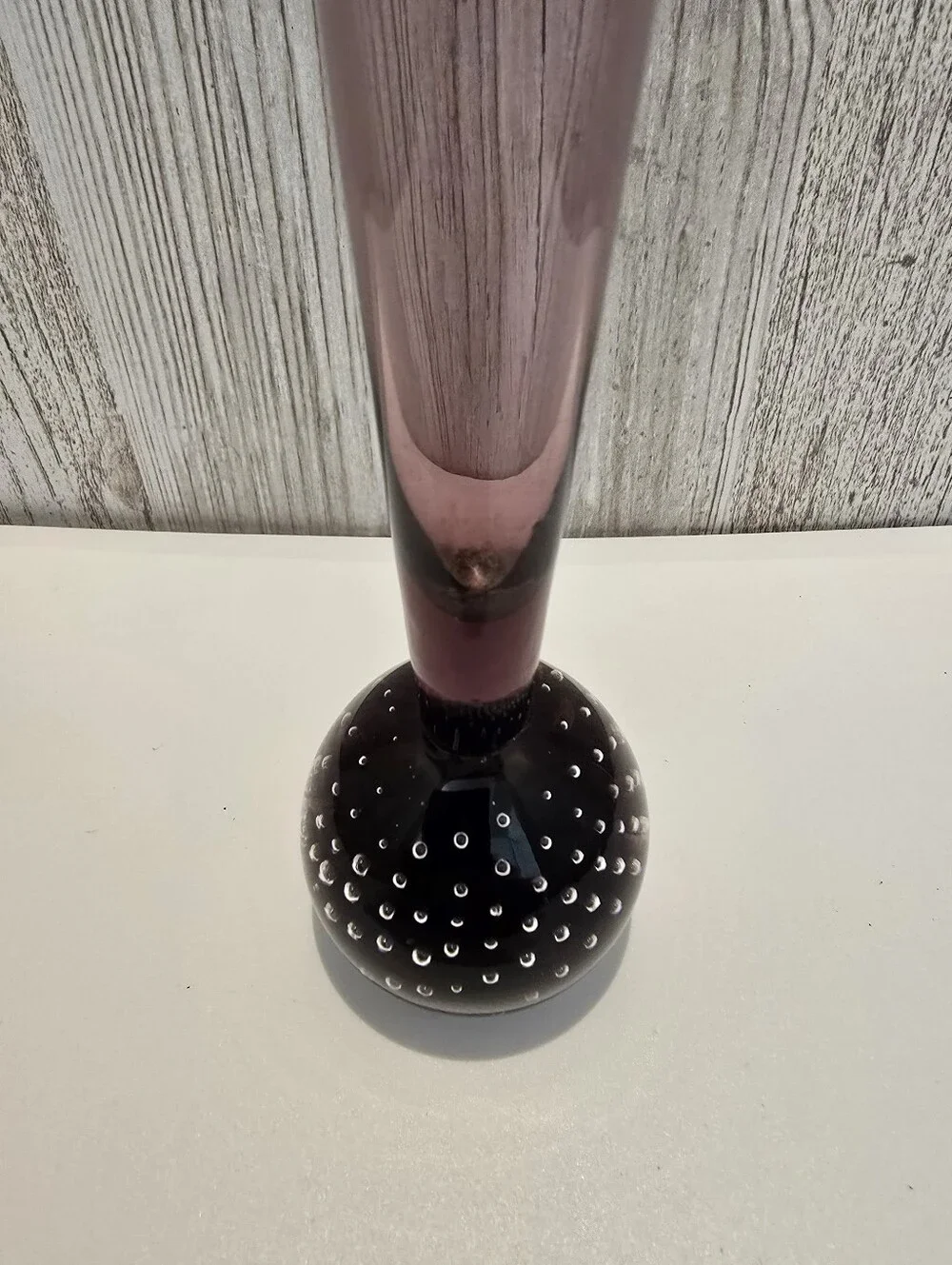 Vintage Amethyst Controlled Bubble Hand Blown Art Glass Bud Vase 8” Tall MCM